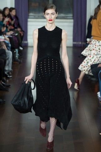 Women's Burgundy Fishnet Tights, Black Leather Tote Bag, Burgundy Suede Pumps, Black Knit Midi Dress