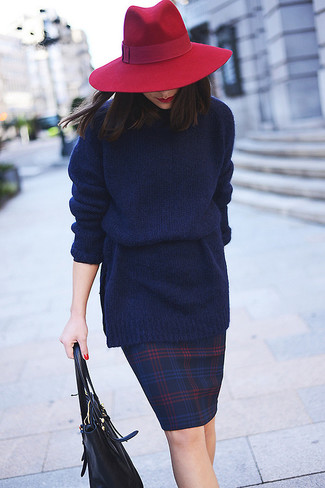 Navy Plaid Pencil Skirt Outfits: 