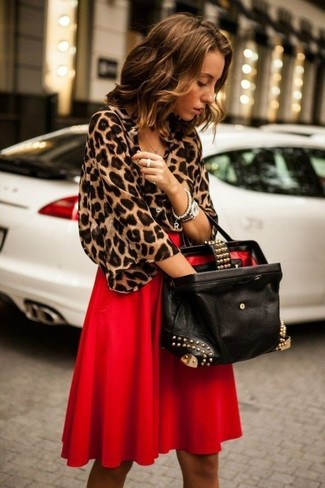 Women's Silver Watch, Black Embellished Leather Tote Bag, Red Pleated Midi Skirt, Brown Leopard Short Sleeve Blouse