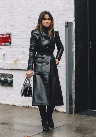 Faux Leather Trench Coat With Shearling Collar Black