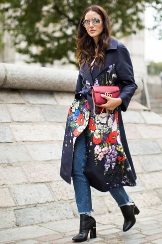 Red Leather Crossbody Bag Outfits: Go for a straightforward yet casually cool choice in a black floral trenchcoat and a red leather crossbody bag. Add an added dose of elegance to this ensemble by finishing off with black leather ankle boots.