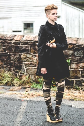 Women's Black Trenchcoat, Dark Green Camouflage Leggings, Black Cutout Leather Wedge Ankle Boots