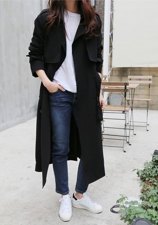 Women's Black Trenchcoat, White Crew-neck T-shirt, Navy Jeans, White and Black Leather Low Top Sneakers