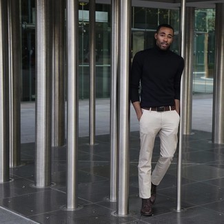 Black Turtleneck Fall Outfits For Men: Beyond dapper, this laid-back combination of a black turtleneck and beige chinos brings variety. Amp up the appeal of your look with dark brown leather casual boots. It's is an exciting pick if you're searching for a killer getup that transitions easily into fall.
