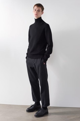 Black Wool Turtleneck Outfits For Men: This combo of a black wool turtleneck and black chinos will cement your skills in menswear styling even on lazy days. And if you need to instantly perk up this getup with shoes, why not finish with a pair of black leather derby shoes?