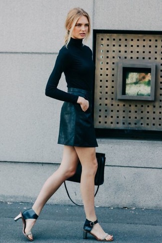 Women's Black Turtleneck, Black Leather Mini Skirt, Black Leather Heeled Sandals, Black Leather Tote Bag