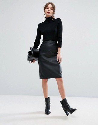 Women's Black Turtleneck, Black Leather Pencil Skirt, Black Leather Ankle Boots, Black Leather Clutch