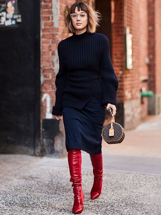 Women's Black Knit Turtleneck, Black Pencil Skirt, Red Leather
