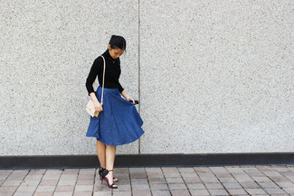 Women's Black Turtleneck, Blue Denim Full Skirt, Black Leather Heeled Sandals, Beige Leather Crossbody Bag