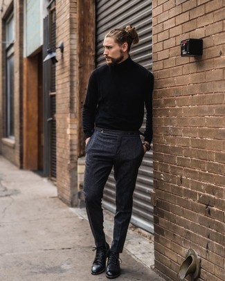 Grey Wool Chinos Outfits: This pairing of a black turtleneck and grey wool chinos is solid proof that a pared down off-duty look doesn't have to be boring. And if you want to instantly elevate this getup with shoes, why not make black leather casual boots your footwear choice?