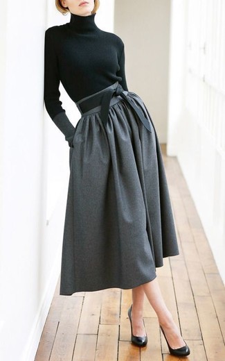 Women's Black Turtleneck, Charcoal Pleated Midi Skirt, Black Leather Pumps