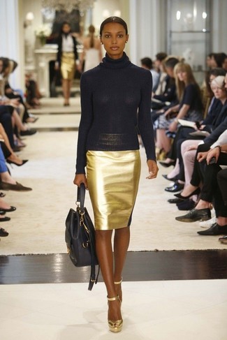 Women's Black Turtleneck, Gold Pencil Skirt, Gold Leather Pumps, Black Leather Bucket Bag