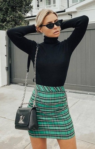 Women's Black Turtleneck, Green Plaid Mini Skirt, Black Leather Crossbody Bag, Black Sunglasses