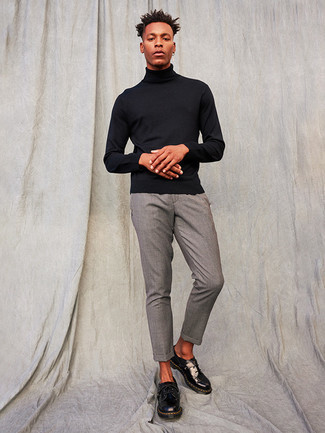 Men's Black Turtleneck, Grey Chinos, Black Chunky Leather Derby Shoes ...