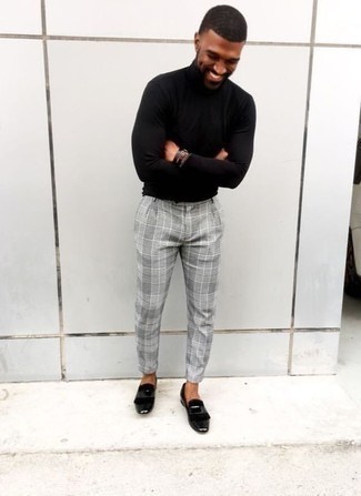 Charcoal Plaid Chinos Outfits: You can look casually cool without trying too hard in a black turtleneck and charcoal plaid chinos. Go ahead and complete your ensemble with black leather loafers for an extra touch of class.