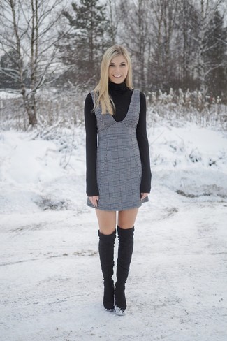 Women's Black Turtleneck, Grey Plaid Overall Dress, Black Suede Over The Knee Boots