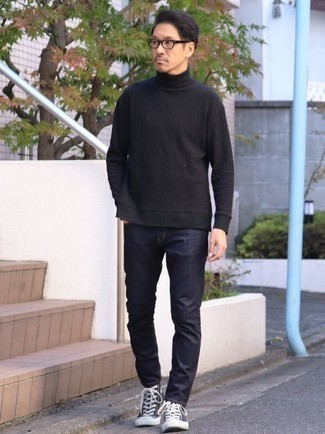 Navy and White Shoes Outfits For Men: If you're on a mission for a laid-back but also seriously stylish outfit, make a black turtleneck and navy jeans your outfit choice. Rounding off with navy and white canvas high top sneakers is a surefire way to infuse an easy-going feel into your look.