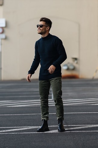 Teal Corduroy Chinos Outfits: This laid-back pairing of a black wool turtleneck and teal corduroy chinos is very easy to put together in seconds time, helping you look amazing and ready for anything without spending too much time going through your wardrobe. Black leather chelsea boots are an easy way to punch up this outfit.