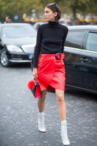 White Leather Ankle Boots Outfits: Pairing a black turtleneck and a red leather pencil skirt will prove your expert styling. White leather ankle boots will be a stylish companion to your look.