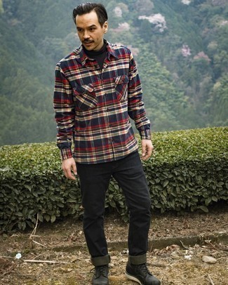 Multi colored Plaid Flannel Long Sleeve Shirt Outfits For Men: This combo of a multi colored plaid flannel long sleeve shirt and black jeans is hard proof that a pared down casual outfit doesn't have to be boring. Round off with a pair of black leather casual boots to transform your getup.