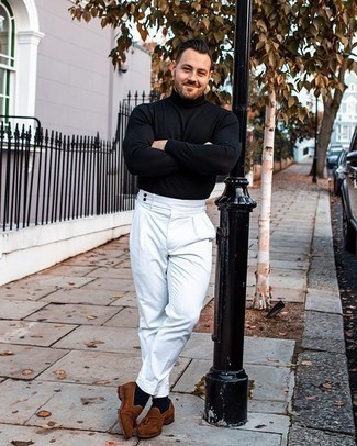 White and Red Dress Pants with Turtleneck Outfits For Men: This polished combo of a turtleneck and white and red dress pants is a frequent choice among the sartorially superior chaps. All you need is a great pair of brown suede tassel loafers.