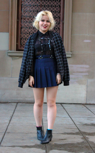 Navy Mini Skirt Outfits: For an outfit that brings function and style, consider teaming a black check varsity jacket with a navy mini skirt. A pair of black leather ankle boots instantly ups the chic factor of any look.