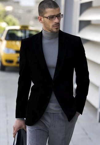 Men's Black Velvet Blazer, Grey Turtleneck, Grey Wool Dress Pants