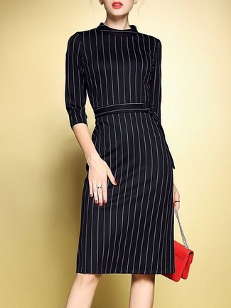 Black and Gold Vertical Striped Sheath Dress Outfits: Consider wearing a black and gold vertical striped sheath dress for a straightforward look that's also put together.