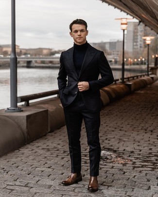 Black Vertical Striped Suit Smart Casual Warm Weather Outfits: Marrying a black vertical striped suit and a navy turtleneck is a fail-safe way to infuse personality into your styling repertoire. If you're not sure how to finish, a pair of brown leather chelsea boots is a savvy pick.