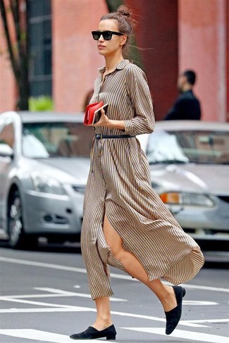 Tan Vertical Striped Shirtdress Outfits: 