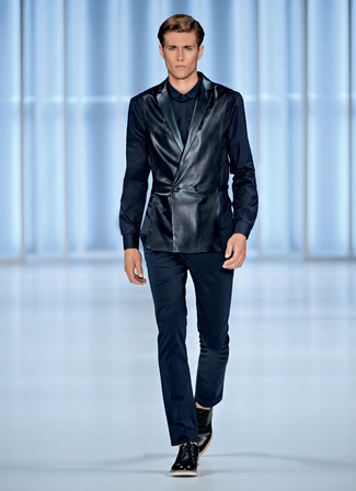 Black Leather Waistcoat Outfits: Channel your inner maverick in the men's fashion department and pair a black leather waistcoat with navy dress pants. A pair of black leather derby shoes easily boosts the appeal of this look.
