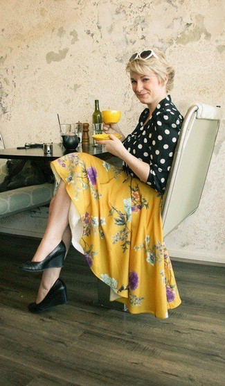 Yellow Floral Skater Skirt Outfits: 