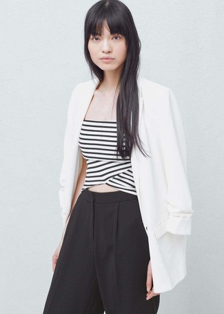 Women's Black Wide Leg Pants, White and Black Horizontal Striped Cropped Top, White Blazer
