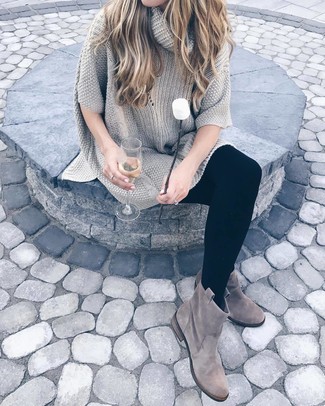 Women's Black Wool Tights, Grey Suede Ankle Boots, Grey Knit Sweater Dress
