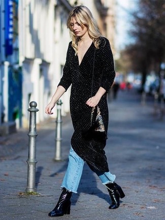 Wrap Dress Outfits: Master the casually stylish look in a wrap dress and light blue jeans. Balance out your look with a more refined kind of shoes, such as this pair of black leather ankle boots.
