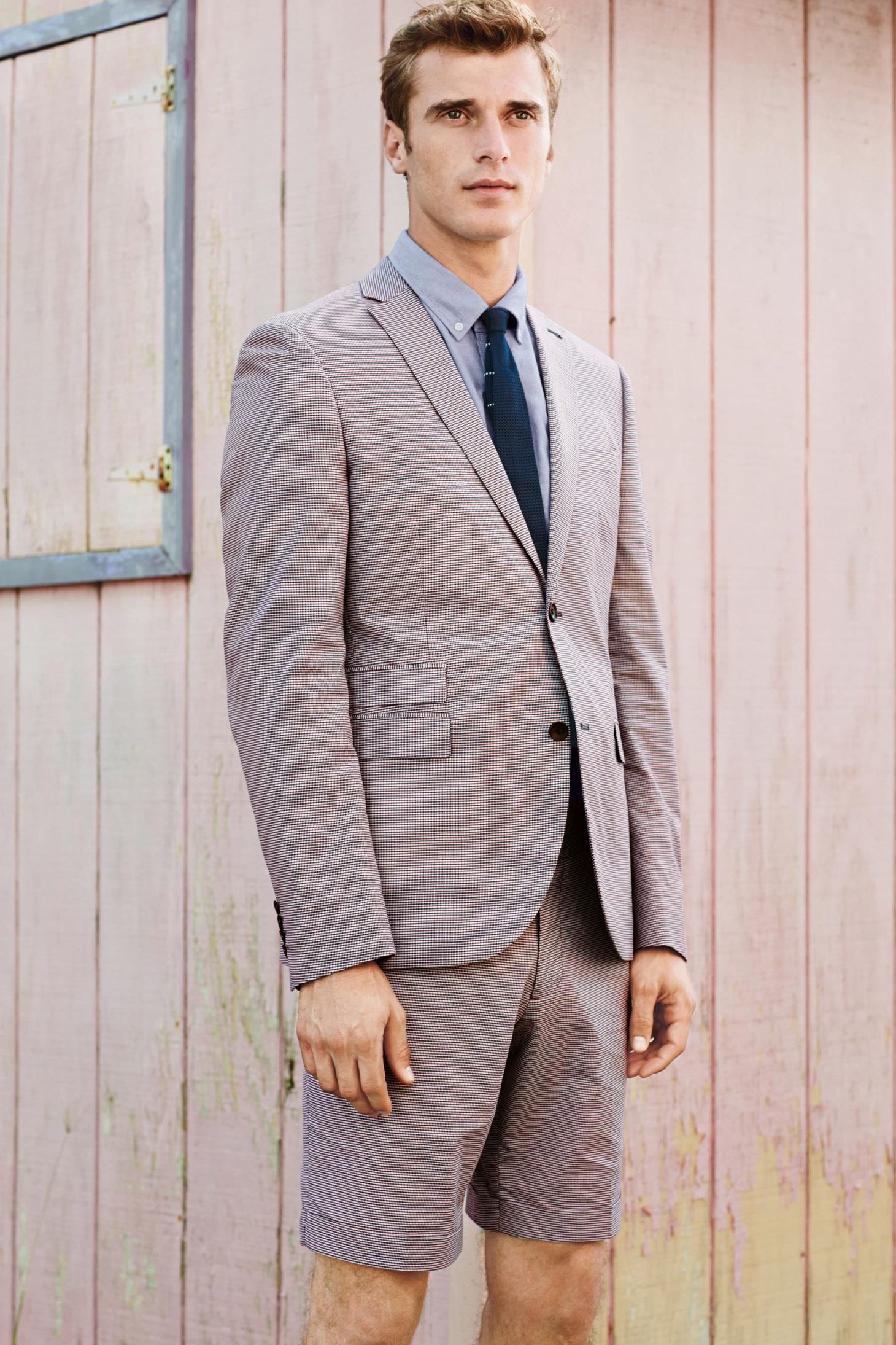 Men's Beige Blazer, Light Blue Dress Shirt, Beige Shorts, Navy