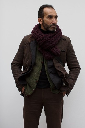 Burgundy Knit Scarf Outfits For Men: This combo of a dark brown wool blazer and a burgundy knit scarf will prove your prowess in menswear styling even on dress-down days.