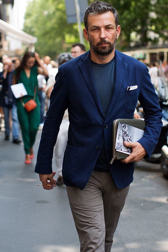 navy shirt grey chinos