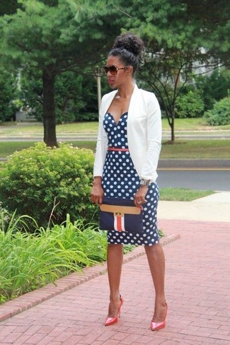 navy polka dot dress outfit