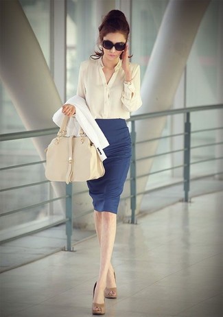 Women's White Blazer, Beige Button Down Blouse, Blue Pencil Skirt, Tan Leather Pumps