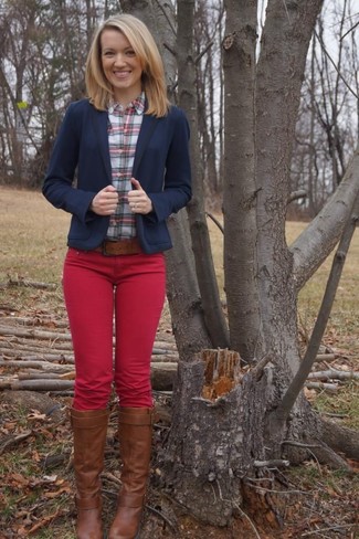 Women's Navy Blazer, Red and White Plaid Button Down Blouse, Red Skinny Jeans, Brown Leather Knee High Boots