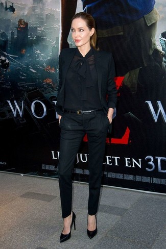 Angelina Jolie wearing Black Blazer, Black Button Down Blouse, Black Skinny Pants, Black Leather Pumps