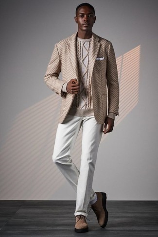 Tan Suede Derby Shoes Outfits: This pairing of a beige herringbone wool blazer and white chinos is an interesting balance between dressy and off-duty. You could perhaps get a bit experimental in the shoe department and complement your ensemble with tan suede derby shoes.