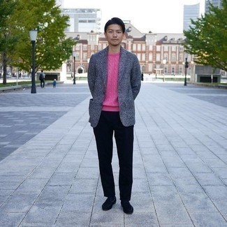 Men's Grey Wool Blazer, Hot Pink Cable Sweater, Black Chinos, Black Suede Loafers