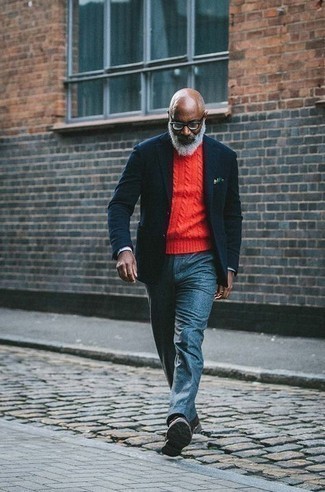 Red Cable Sweater Outfits For Men: Marrying a red cable sweater with navy wool dress pants is an amazing choice for a stylish and refined outfit. Dark brown suede derby shoes integrate smoothly within plenty of ensembles.
