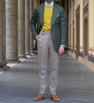 Yellow Cable Sweater Outfits For Men: This elegant pairing of a yellow cable sweater and grey dress pants is a must-try ensemble for any man. For extra fashion points, introduce a pair of brown suede tassel loafers to the mix.