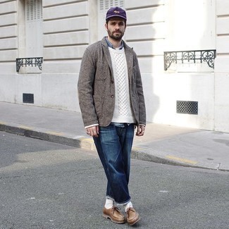 Cable Sweater Outfits For Men: We give a big thumbs up to this relaxed pairing of a cable sweater and navy jeans! Brown leather desert boots integrate well within many combinations.