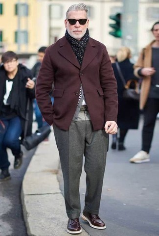 Black and White Polka Dot Scarf Outfits For Men: For a casually cool outfit, rock a burgundy blazer with a black and white polka dot scarf — these two pieces work pretty good together. A nice pair of burgundy leather derby shoes is a simple way to transform your look.