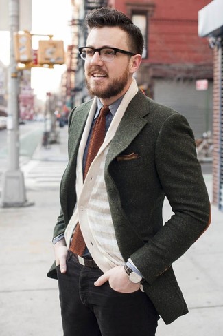 Teal Wool Blazer Outfits For Men: If you love laid-back pairings, then you'll appreciate this combination of a teal wool blazer and black skinny jeans.