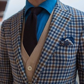 Blue Gingham Blazer Outfits For Men: This semi-casual pairing of a blue gingham blazer and a tan cardigan is extremely easy to throw together in no time flat, helping you look sharp and prepared for anything without spending too much time going through your closet.